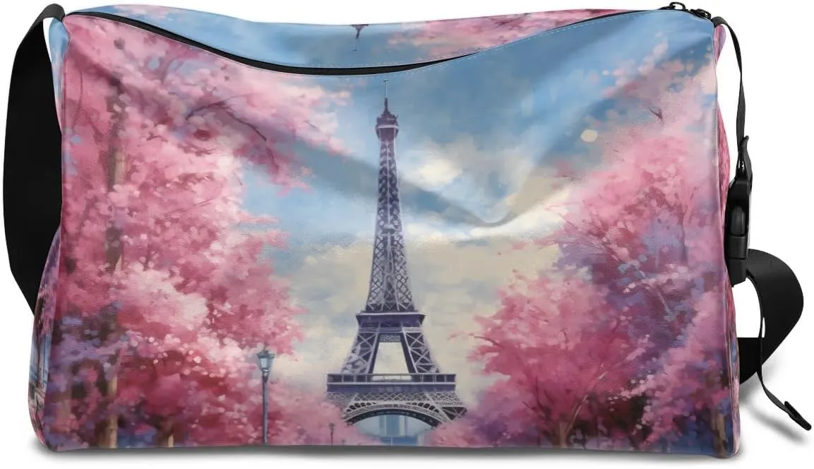 Weekend Bag City Pairs Flower Prints Lightweight Carry On Duffel Bag Waterproof Gym Bag Pu Leather Duffle Bag for Workout Travel Sport
