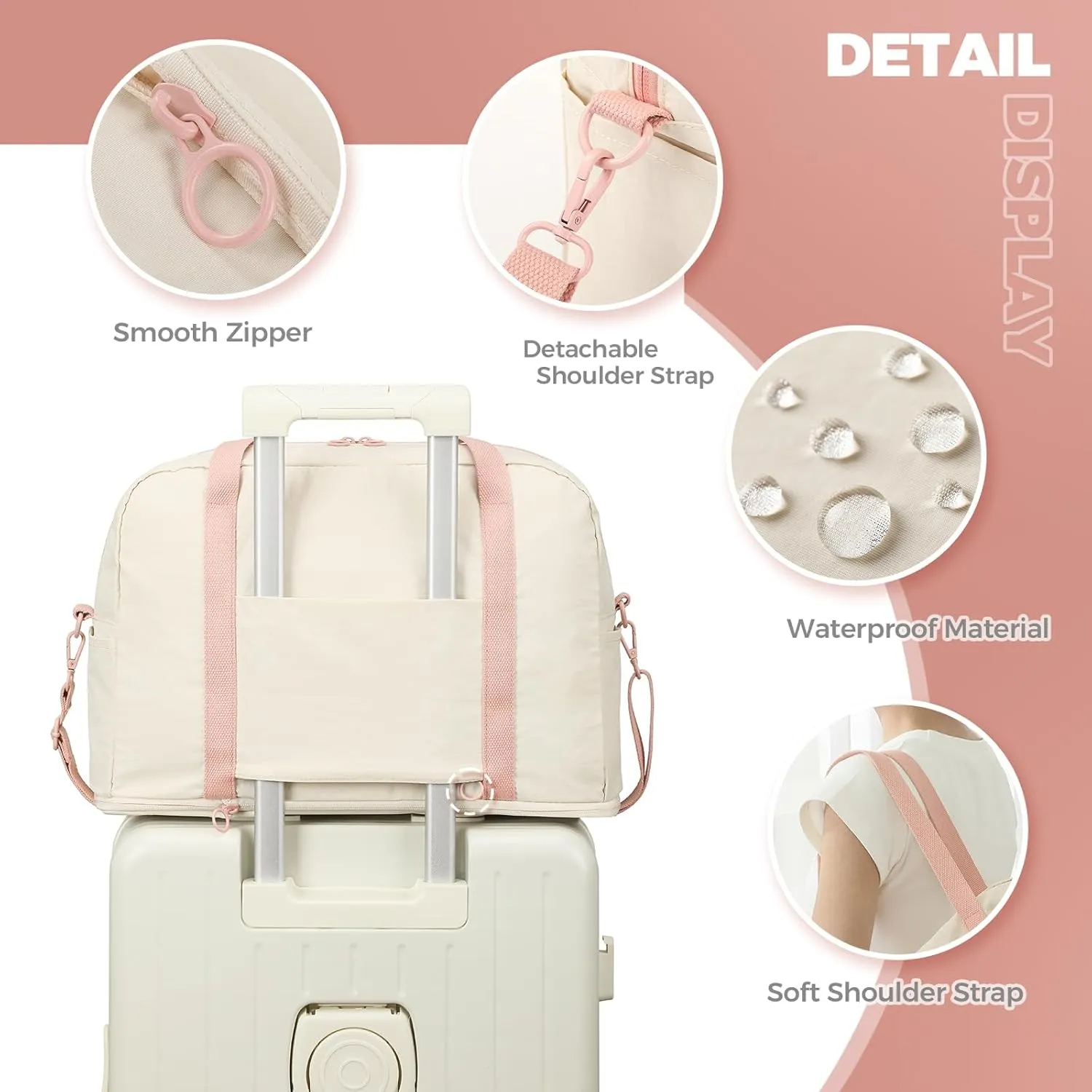 Weekender Bag for Women, Waterproof Travel Duffle Carry On Tote Bags for Girls Personal Item Overnight Luggage with Trolley Sleeve (Beige)
