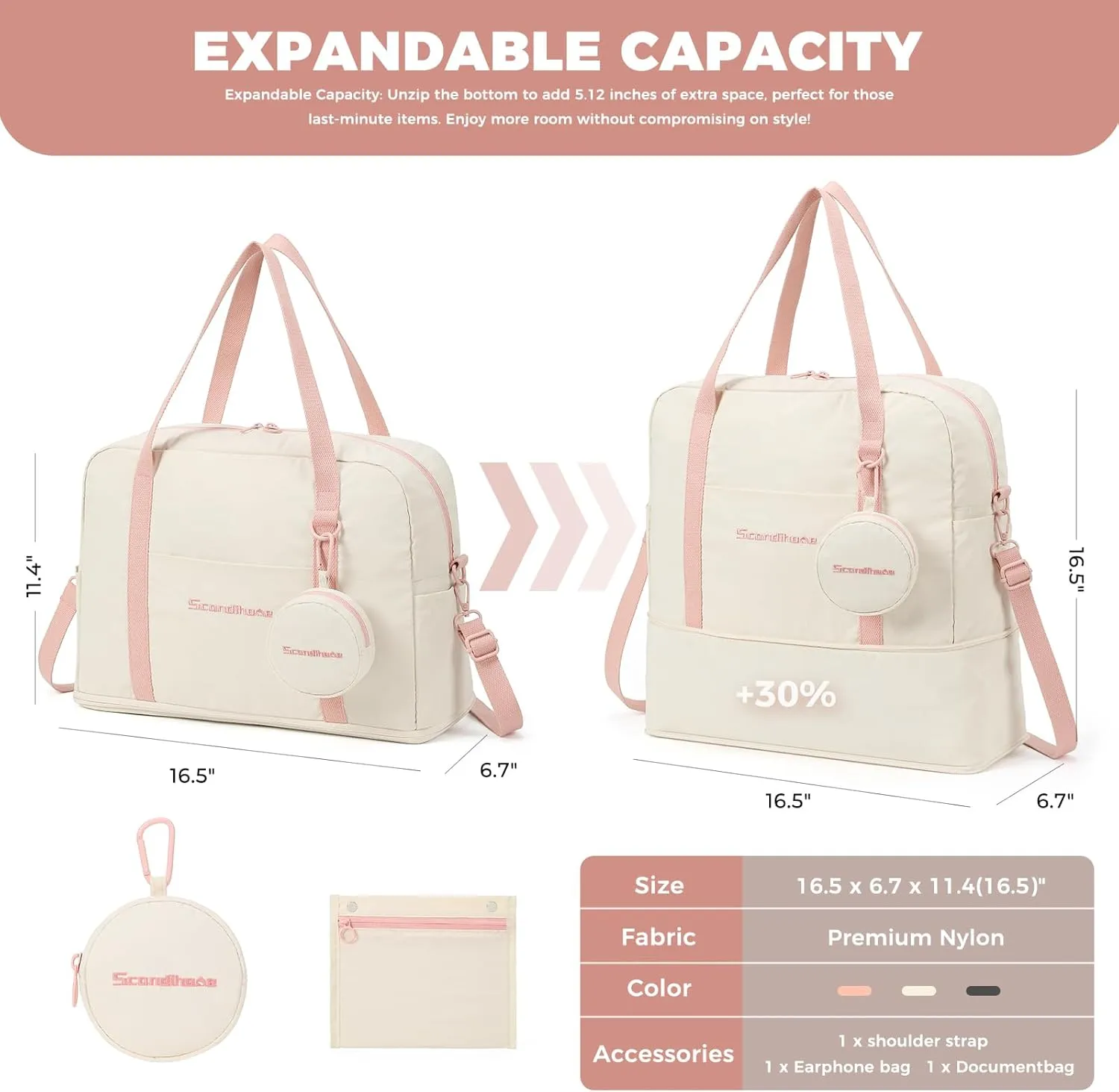 Weekender Bag for Women, Waterproof Travel Duffle Carry On Tote Bags for Girls Personal Item Overnight Luggage with Trolley Sleeve (Beige)
