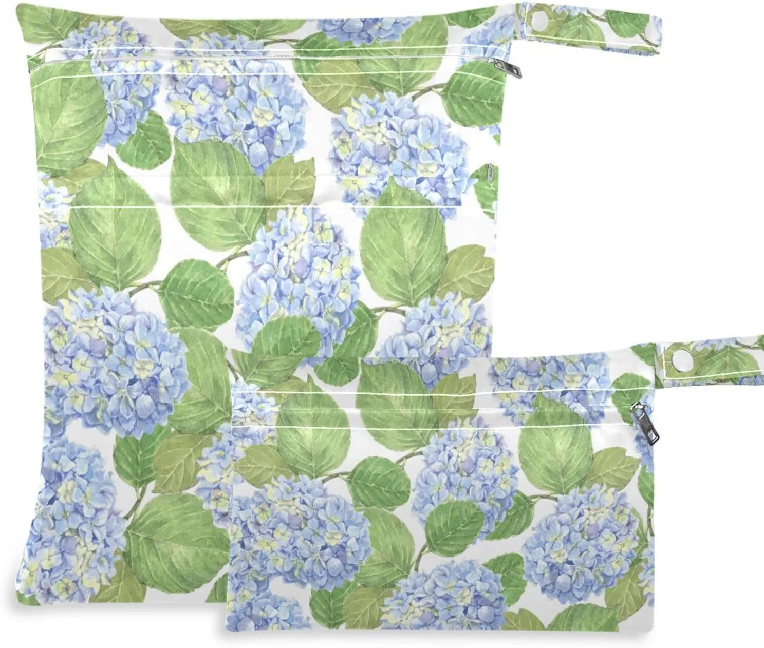 Wet Bags Set of 2 Pcs Blue Hydrangea Flowers with Leaves Reusable Wet Dry Bags for Cloth Diaper Beach Swimsuit Fitness