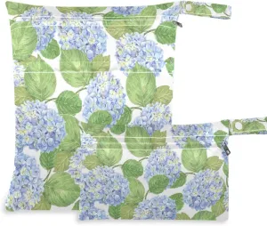 Wet Bags Set of 2 Pcs Blue Hydrangea Flowers with Leaves Reusable Wet Dry Bags for Cloth Diaper Beach Swimsuit Fitness