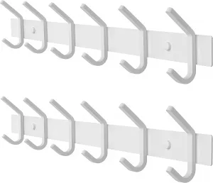 White Coat Rack Wall Mount with 6 Double Hooks for Hanging Towel, Bag, Hat, Keys - 17 Inch Heavy Duty SUS304 Stainless Steel Rustic Wall Hook Rack for Bathroom Entryway - 2 Pack