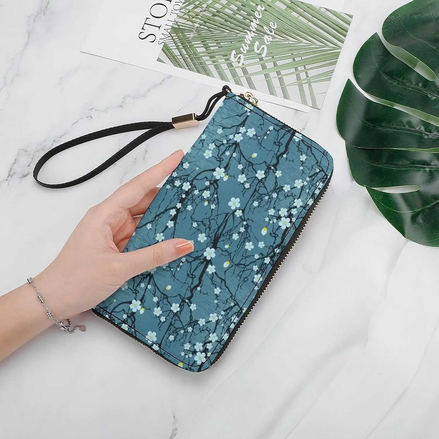Winter Plum Flower Women's Leather Long Large Capacity Wallet Clutch Wallet with Hand Strap, 20x10.5cm, style-29-1
