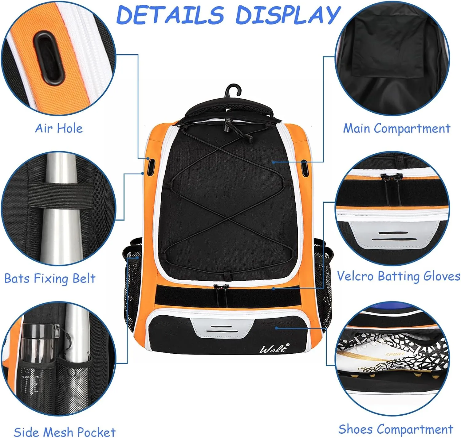 WOLT Youth Baseball Bag - Bat Backpack for Baseball, T-Ball & Softball Equipment & Gear, Bat & Glove Holder, Large Main Compartment for Helmet & accessories, Separate Shoes Compartment, Fence Hook