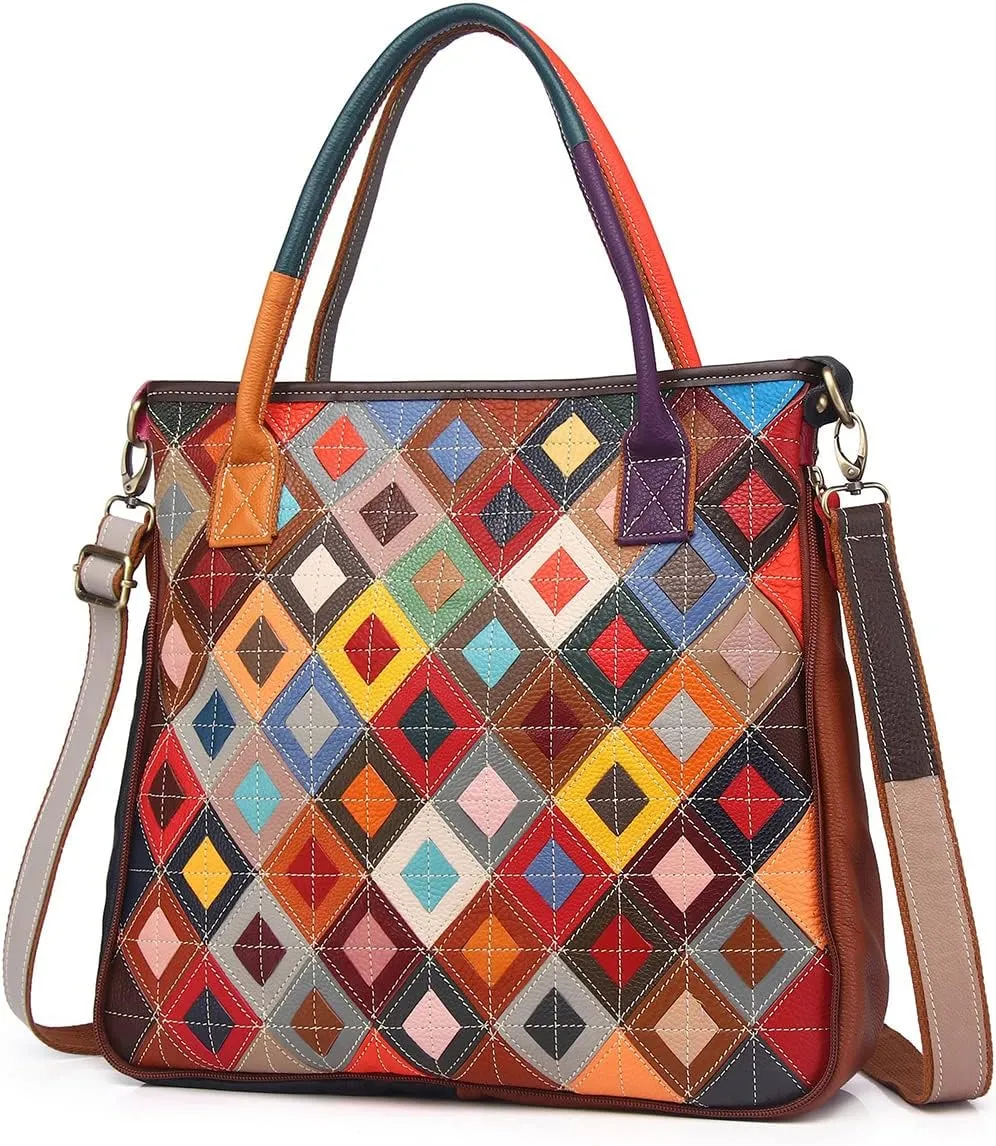 Women Multicolor Handbag Cowhide Shoulder Purse Random Square Patchwork Satchel