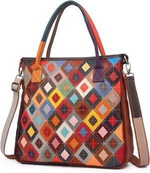 Women Multicolor Handbag Cowhide Shoulder Purse Random Square Patchwork Satchel