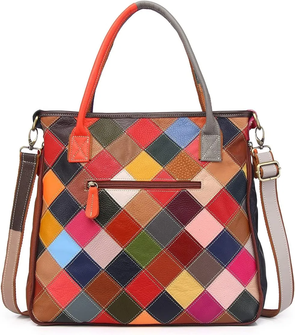Women Multicolor Handbag Cowhide Shoulder Purse Random Square Patchwork Satchel