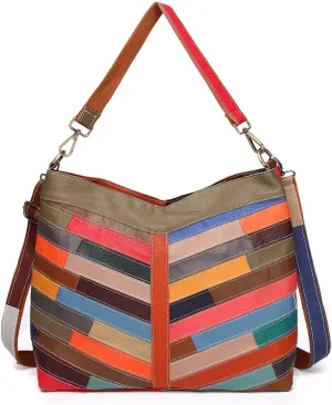 Women Multicolor Shoulder Purse Leather Tote Handbag Random Stripe Color Satchel