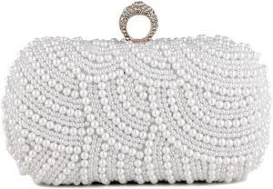 Women Pearl Clutch Purse Striped Crystal Top Beaded Bags Women's Evening Handbags with Detachable Chain Party Wedding White