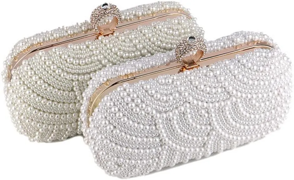 Women Pearl Clutch Purse Striped Crystal Top Beaded Bags Women's Evening Handbags with Detachable Chain Party Wedding White