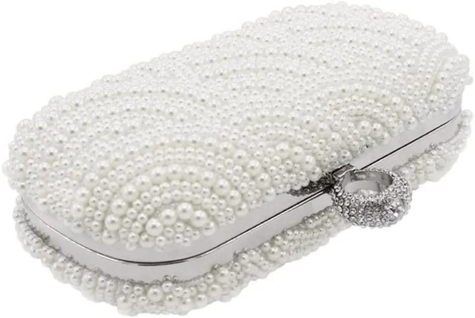 Women Pearl Clutch Purse Striped Crystal Top Beaded Bags Women's Evening Handbags with Detachable Chain Party Wedding White