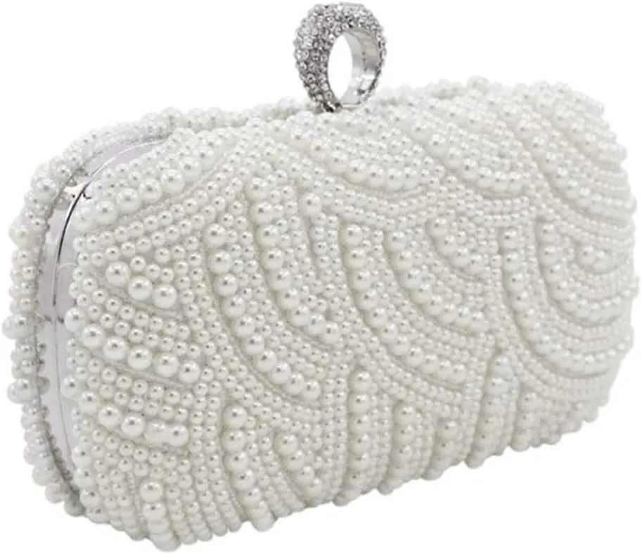 Women Pearl Clutch Purse Striped Crystal Top Beaded Bags Women's Evening Handbags with Detachable Chain Party Wedding White