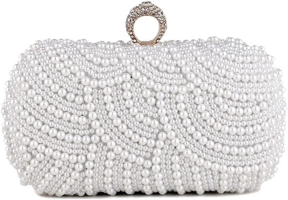 Women Pearl Clutch Purse Striped Crystal Top Beaded Bags Women's Evening Handbags with Detachable Chain Party Wedding White