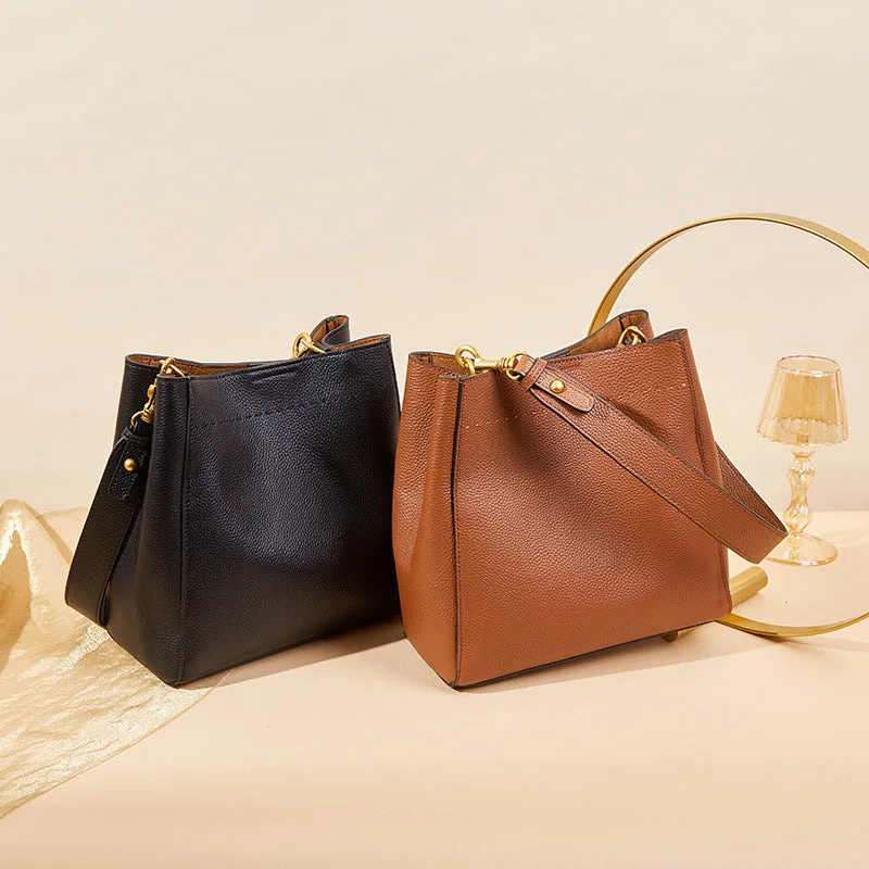 Women Retro Minimalist Leather Bucket Shoulder Bag
