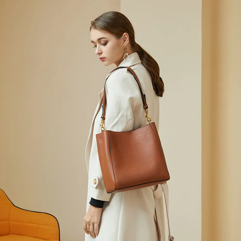 Women Retro Minimalist Leather Bucket Shoulder Bag