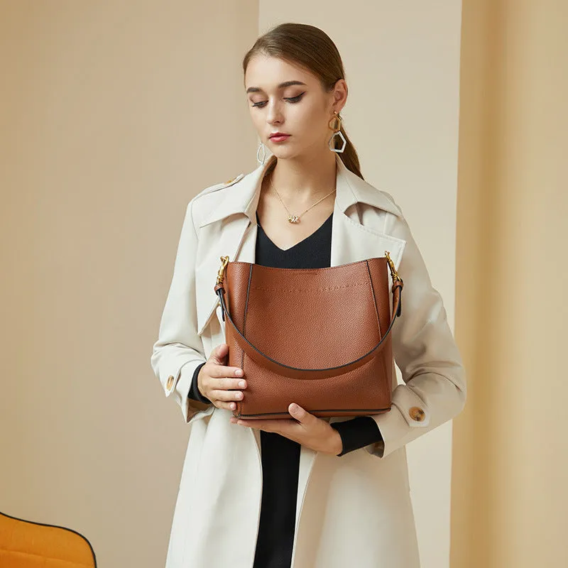 Women Retro Minimalist Leather Bucket Shoulder Bag