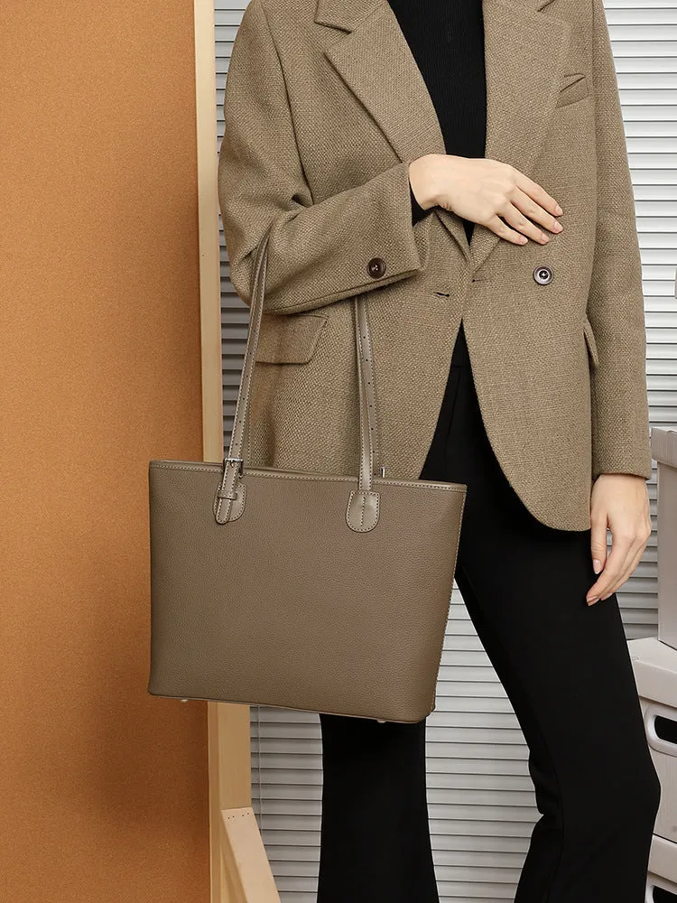 Women Simple Solid Leather Large Capacity Shoulder Tote Bag