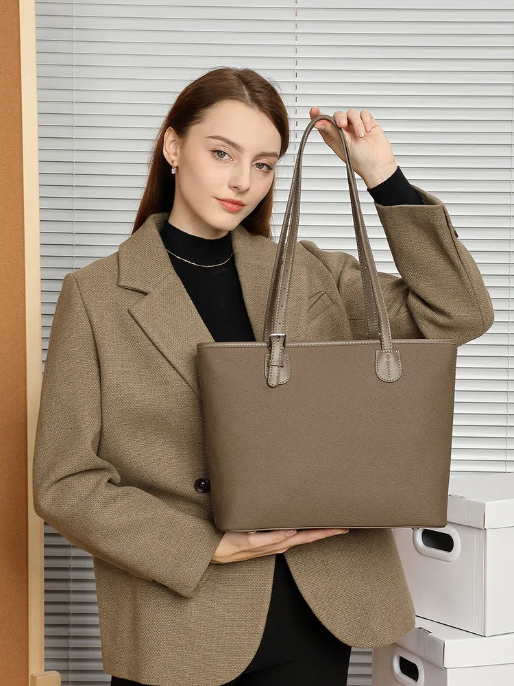 Women Simple Solid Leather Large Capacity Shoulder Tote Bag