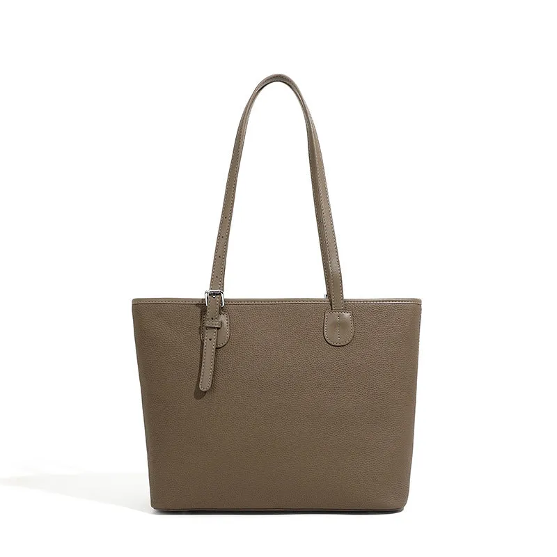 Women Simple Solid Leather Large Capacity Shoulder Tote Bag