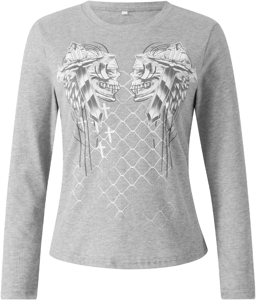 Women Vintage Fairy Grunge Y2K Long Sleeve Shirt Skull Graphic Printed Gothic Tee Tops Aesthetic Harajuku Tops
