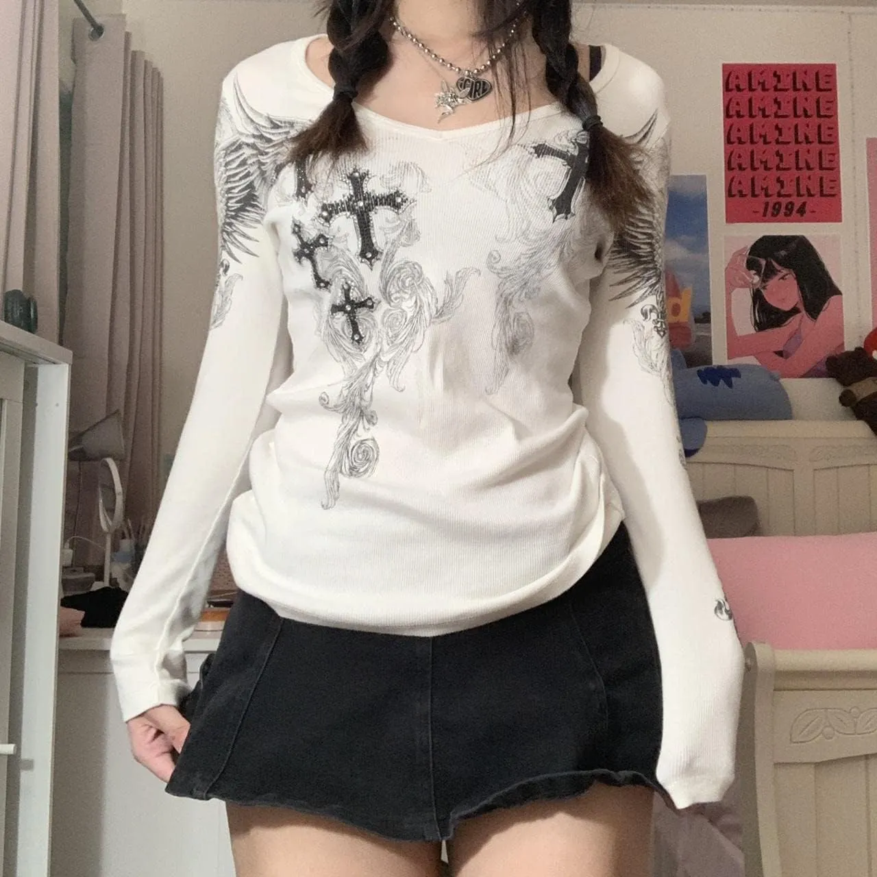 Women Vintage Fairy Grunge Y2K Long Sleeve Shirt Skull Graphic Printed Gothic Tee Tops Aesthetic Harajuku Tops
