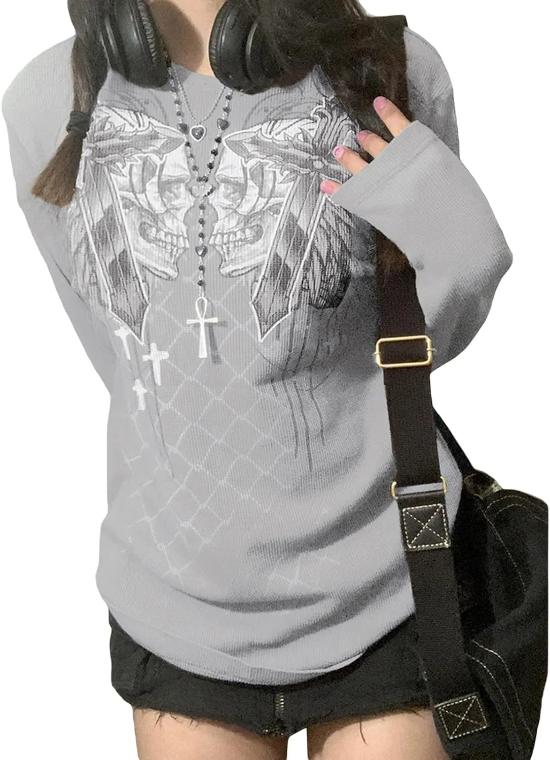 Women Vintage Fairy Grunge Y2K Long Sleeve Shirt Skull Graphic Printed Gothic Tee Tops Aesthetic Harajuku Tops