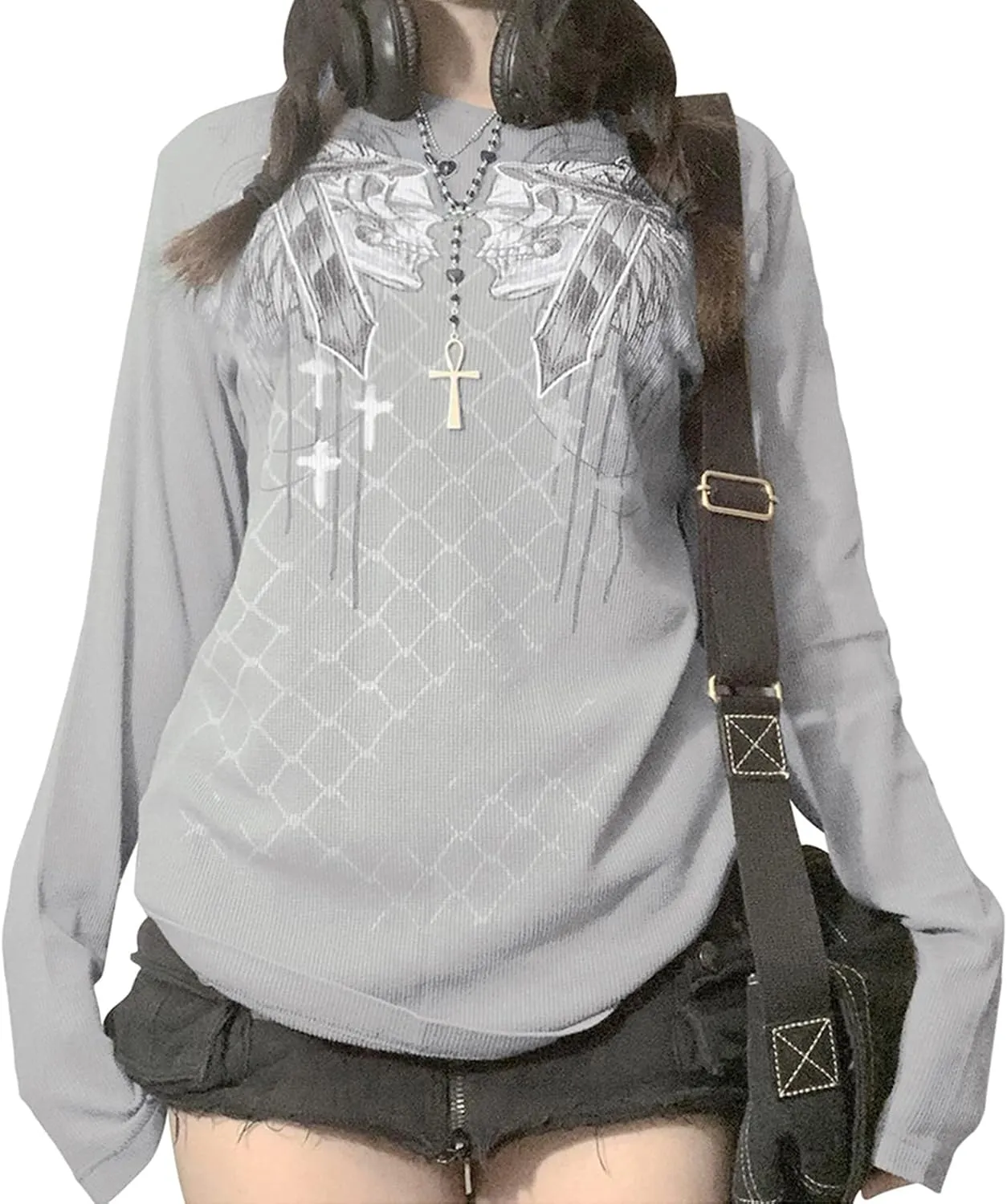Women Vintage Fairy Grunge Y2K Long Sleeve Shirt Skull Graphic Printed Gothic Tee Tops Aesthetic Harajuku Tops