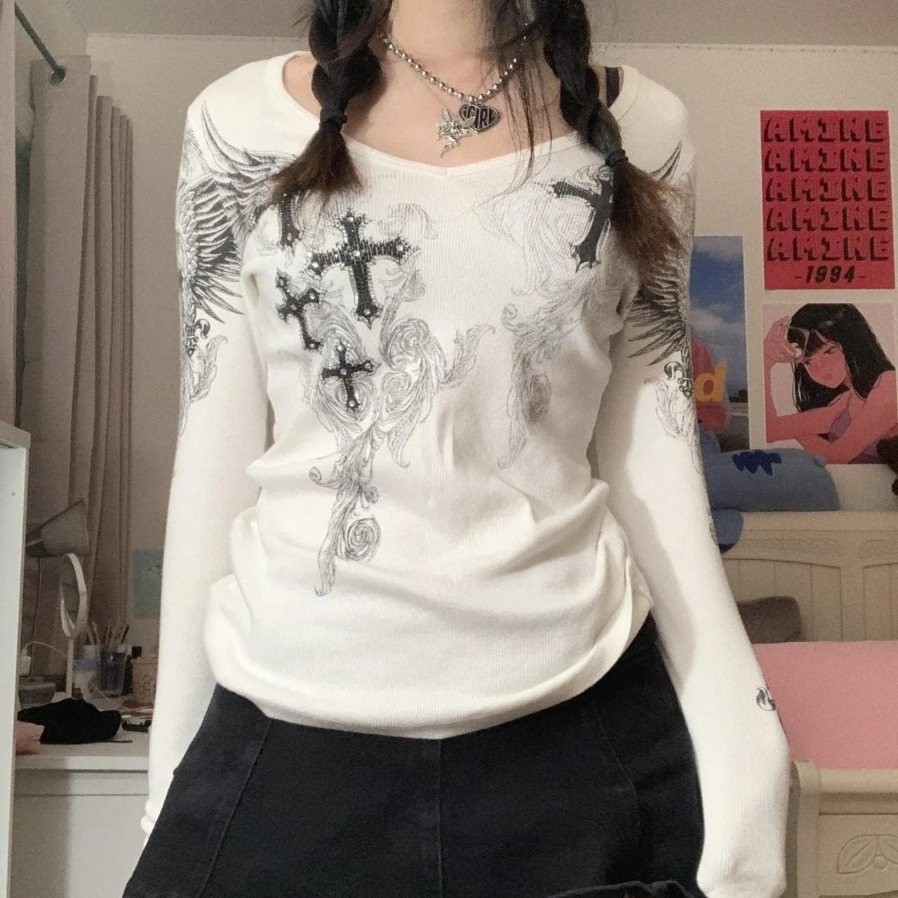 Women Vintage Fairy Grunge Y2K Long Sleeve Shirt Skull Graphic Printed Gothic Tee Tops Aesthetic Harajuku Tops