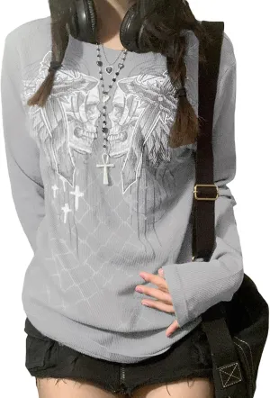 Women Vintage Fairy Grunge Y2K Long Sleeve Shirt Skull Graphic Printed Gothic Tee Tops Aesthetic Harajuku Tops