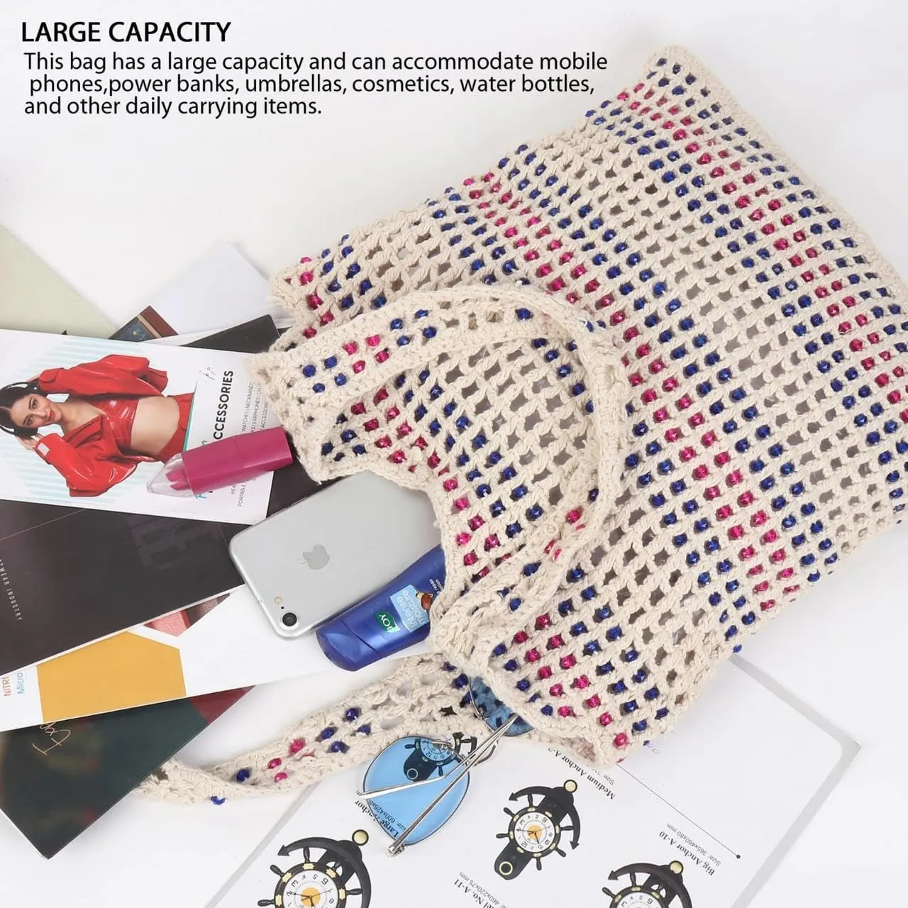 Women's Handmade Cotton Tote Bag – Bohemian Shoulder Bag, Spacious Hand-Crochet Vintage Knitted Shopping Bag