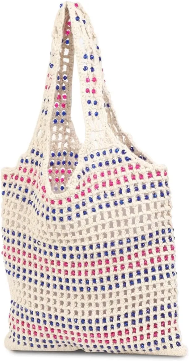 Women's Handmade Cotton Tote Bag – Bohemian Shoulder Bag, Spacious Hand-Crochet Vintage Knitted Shopping Bag