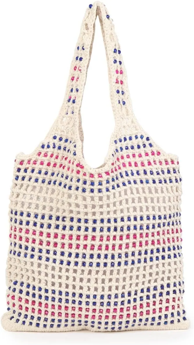 Women's Handmade Cotton Tote Bag – Bohemian Shoulder Bag, Spacious Hand-Crochet Vintage Knitted Shopping Bag