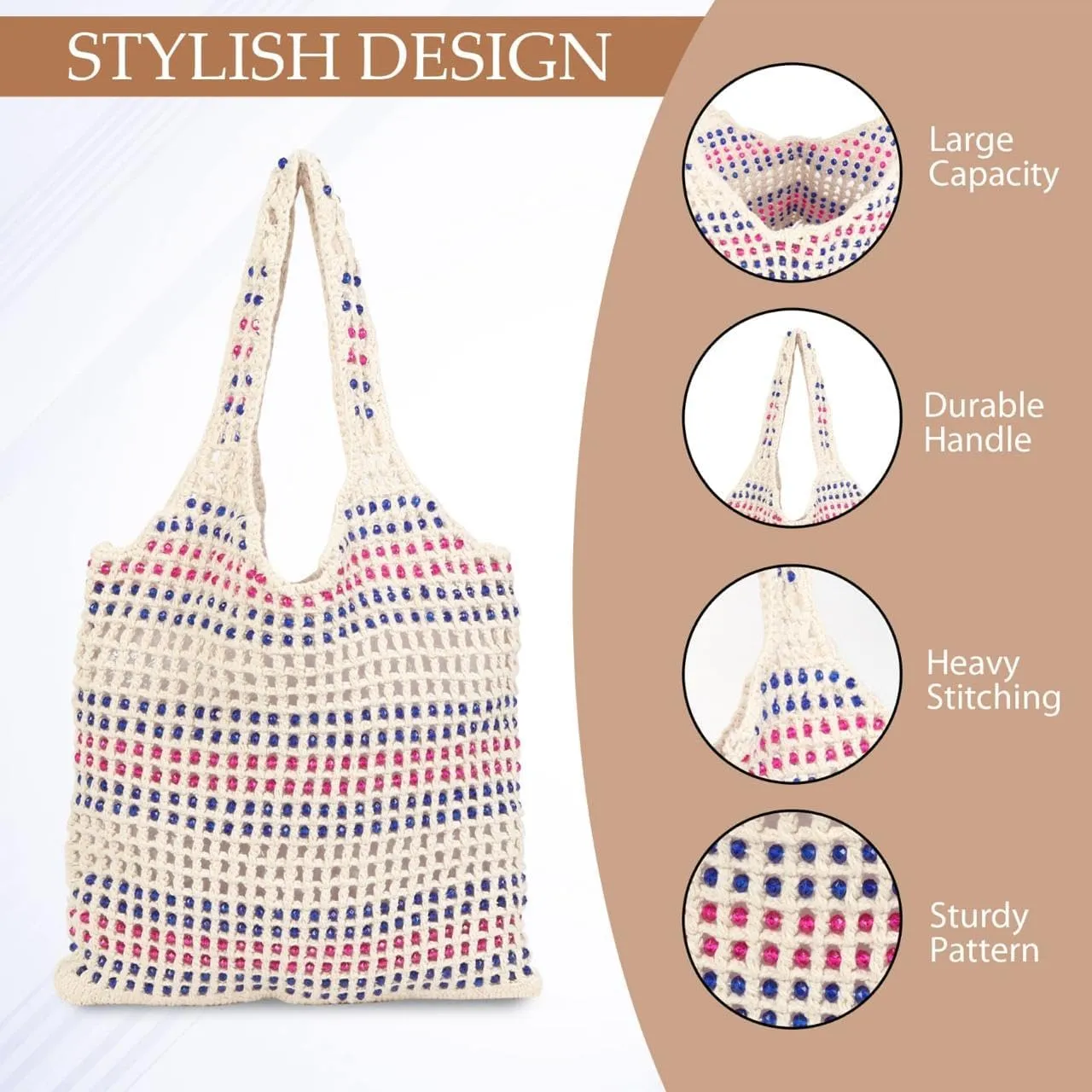 Women's Handmade Cotton Tote Bag – Bohemian Shoulder Bag, Spacious Hand-Crochet Vintage Knitted Shopping Bag