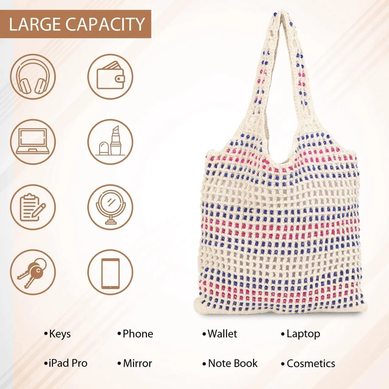 Women's Handmade Cotton Tote Bag – Bohemian Shoulder Bag, Spacious Hand-Crochet Vintage Knitted Shopping Bag