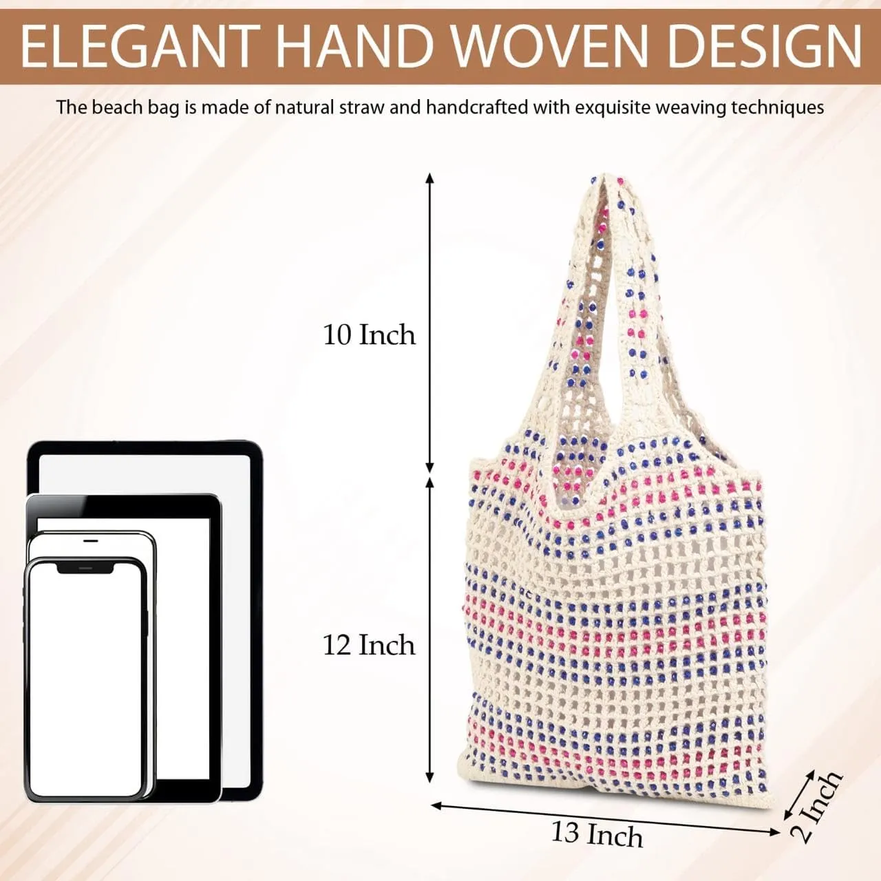 Women's Handmade Cotton Tote Bag – Bohemian Shoulder Bag, Spacious Hand-Crochet Vintage Knitted Shopping Bag