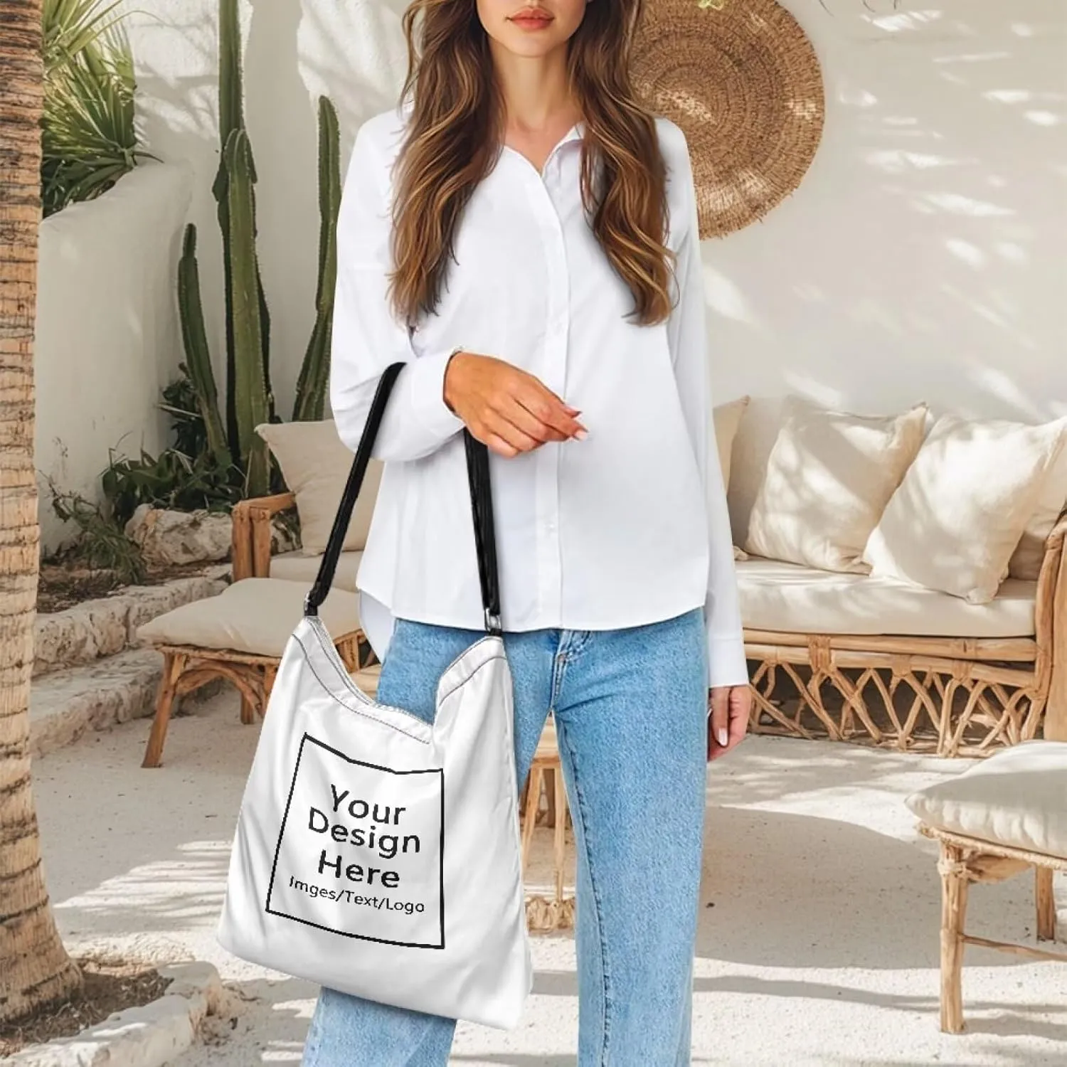 Women's Large Size Canvas Shoulder Cossbody Bag Ladies Zipper Messegner Tote Handbags Satchel Adjustable Straps