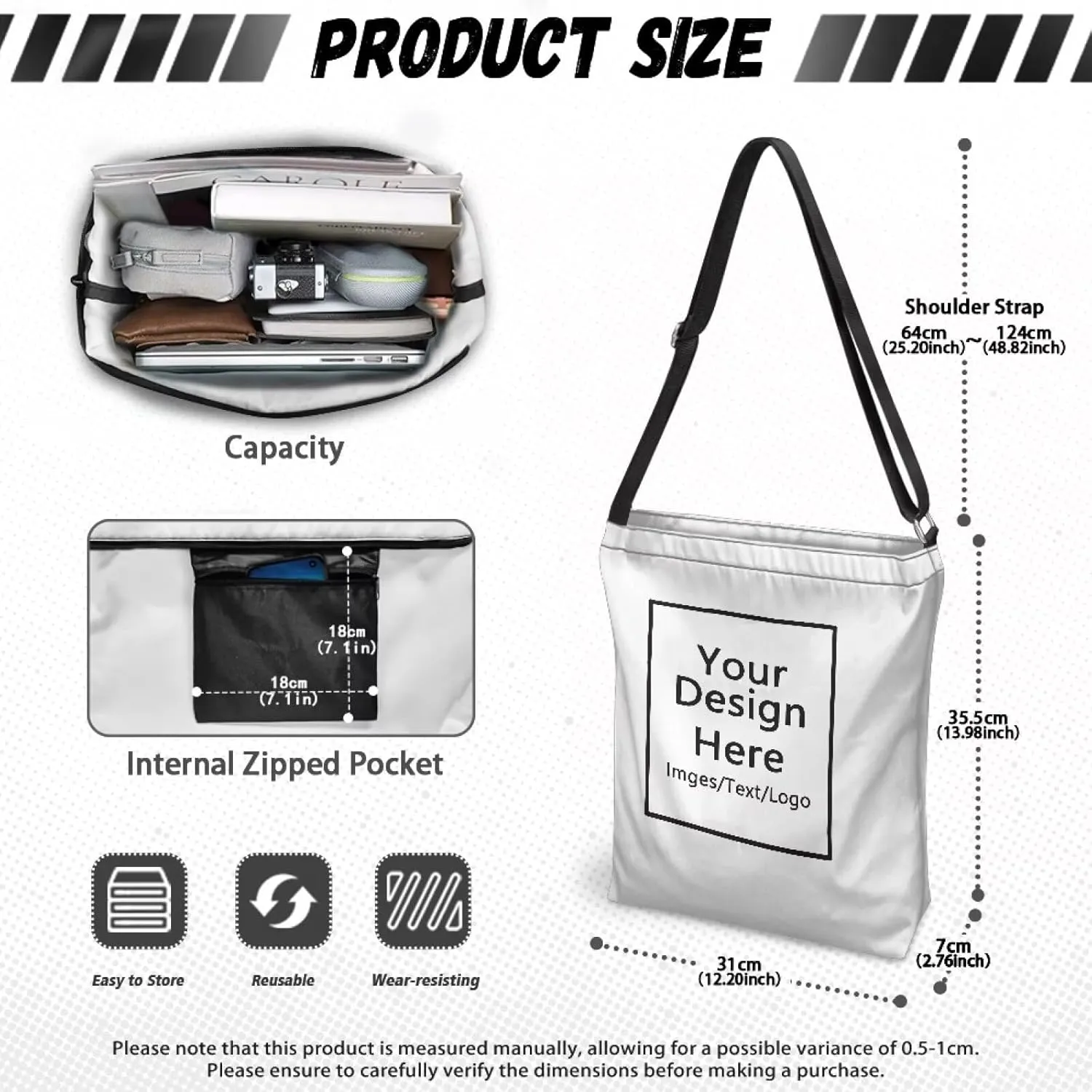Women's Large Size Canvas Shoulder Cossbody Bag Ladies Zipper Messegner Tote Handbags Satchel Adjustable Straps