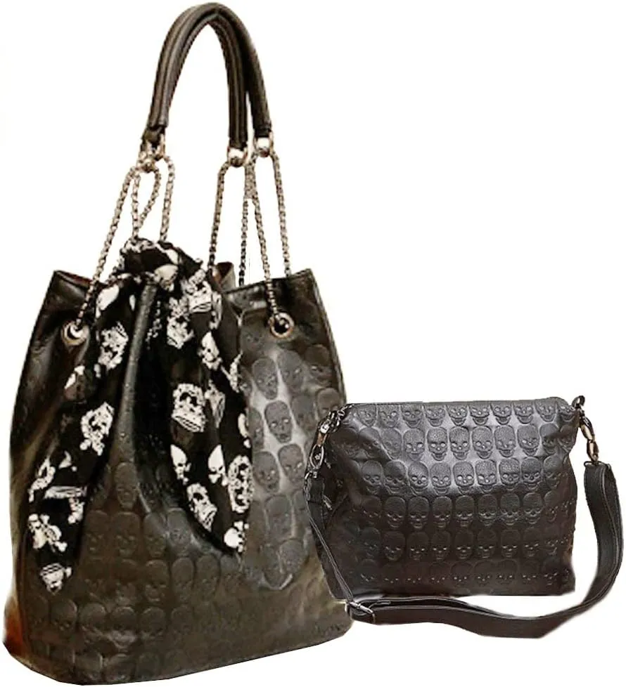 Womens Skull Print PU Leather Hobo Tote Shoulder Bag Package Handbag with Gift