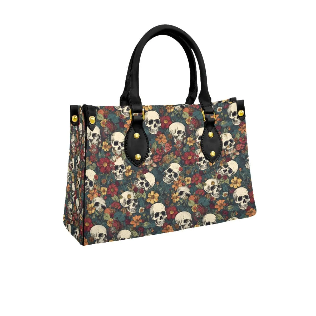 Women's Skulls Brown Floral Tote Bag With Black Handle