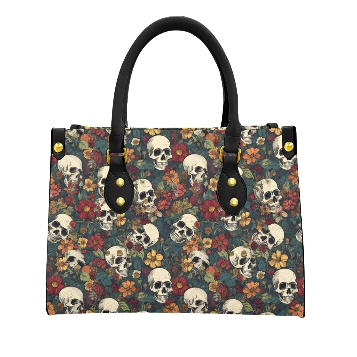 Women's Skulls Brown Floral Tote Bag With Black Handle