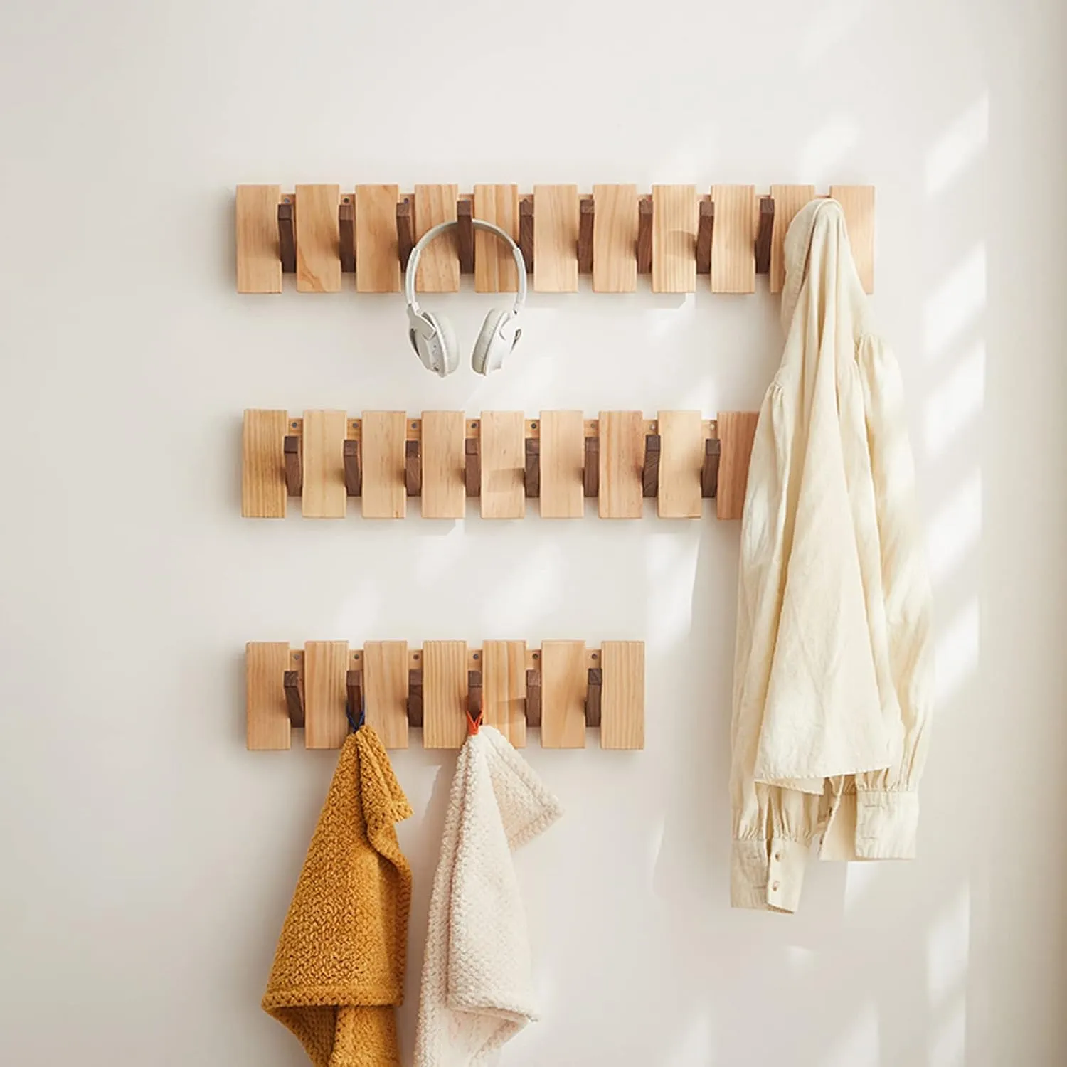 Wood Coat Rack Wall Mount, Wall Coat Hooks Hanger with 8 Hooks, Heavy Duty Wall Hooks for Hanging Coats/Keys/Hats/Robe&Towels/Plants/Bags, Walnut&Pine Wood