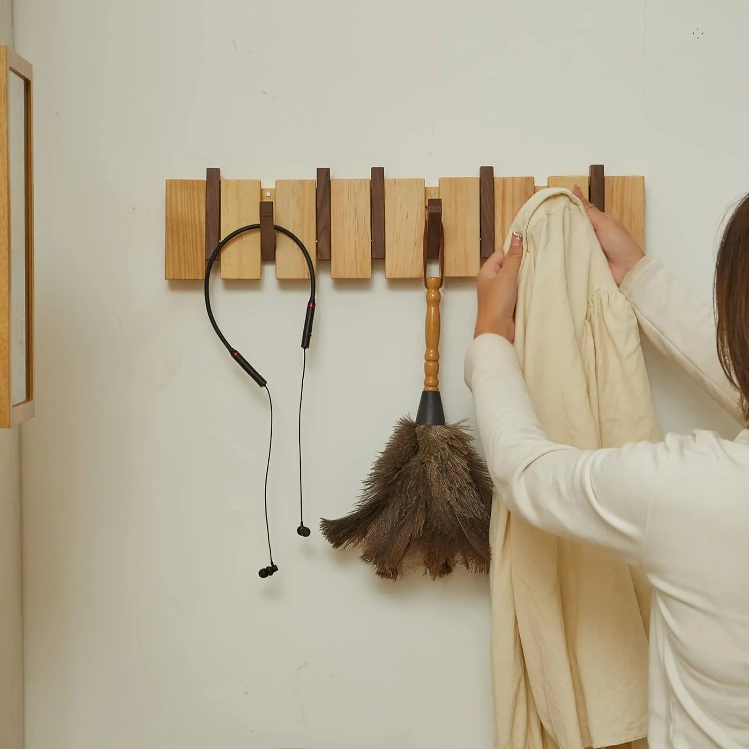 Wood Coat Rack Wall Mount, Wall Coat Hooks Hanger with 8 Hooks, Heavy Duty Wall Hooks for Hanging Coats/Keys/Hats/Robe&Towels/Plants/Bags, Walnut&Pine Wood