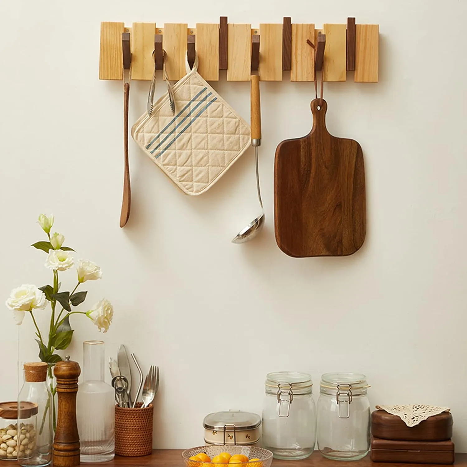 Wood Coat Rack Wall Mount, Wall Coat Hooks Hanger with 8 Hooks, Heavy Duty Wall Hooks for Hanging Coats/Keys/Hats/Robe&Towels/Plants/Bags, Walnut&Pine Wood