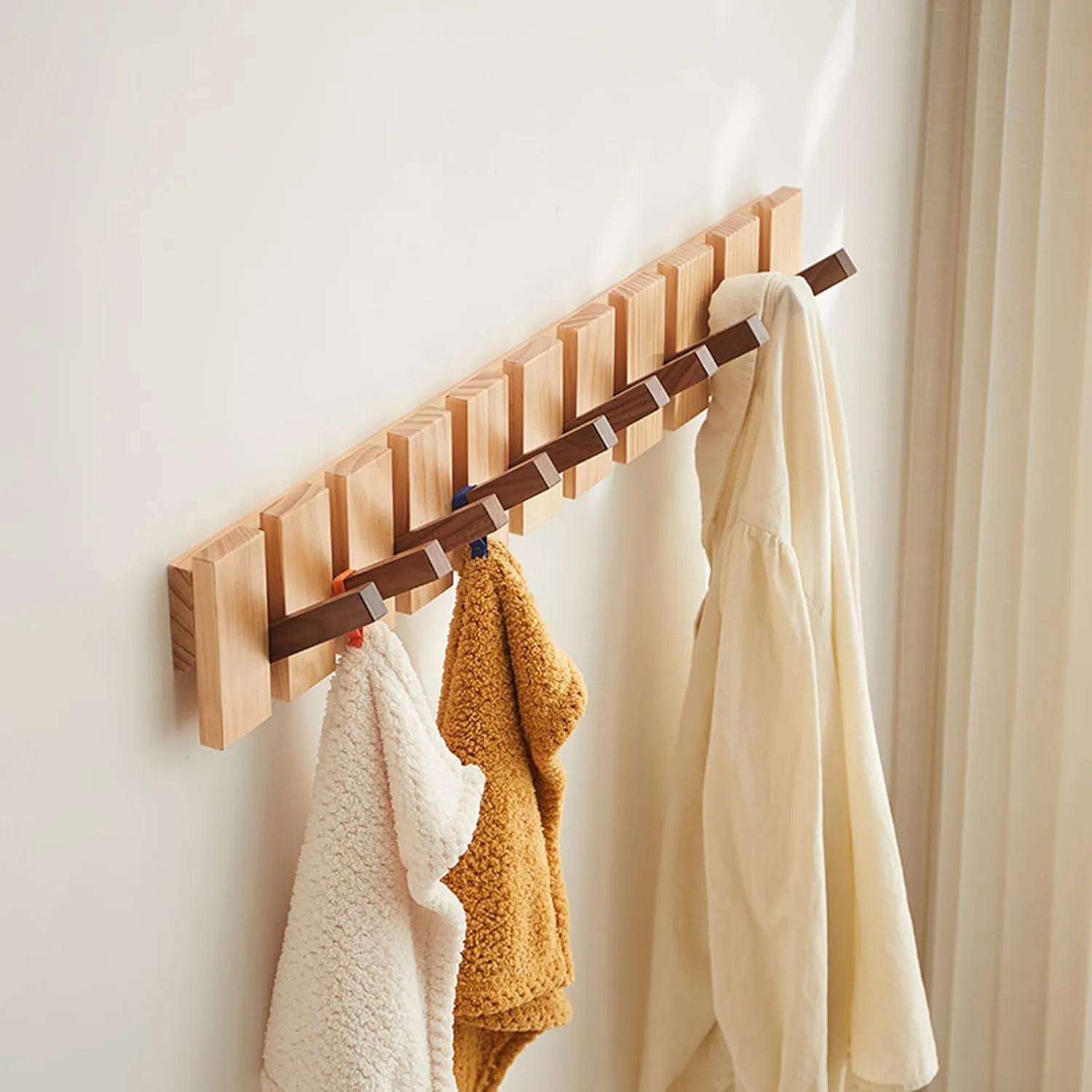 Wood Coat Rack Wall Mount, Wall Coat Hooks Hanger with 8 Hooks, Heavy Duty Wall Hooks for Hanging Coats/Keys/Hats/Robe&Towels/Plants/Bags, Walnut&Pine Wood