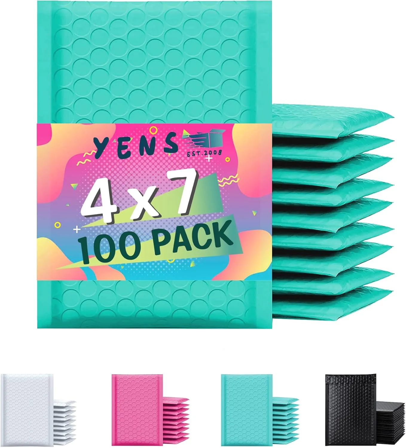 Yens Poly Bubble Mailers 4x8 100 Pack Teal Waterproof Self Seal Adhesive Shipping Bags, Cushioning Padded Envelopes for Shipping, Mailing, Packaging Usable 4x7