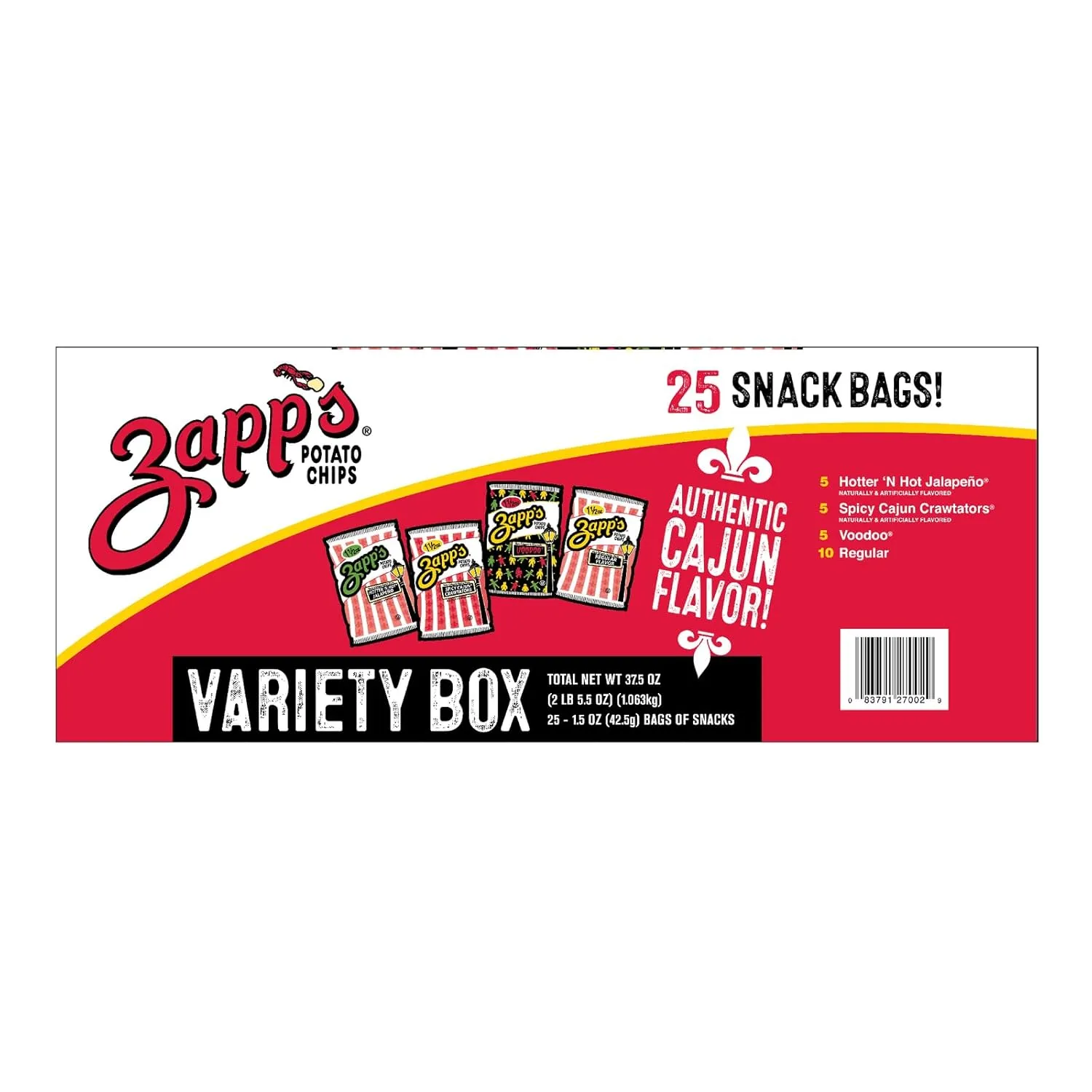 Zapp’s New Orleans Kettle-Style Potato Chips Variety Pack (1.5 oz Bags, 25 Count) – Includes Voodoo, Hotter N' Hot Jalapeno, Spciy Cajun Crawtators, Regular Perfect On-The-Go, Gluten Free Snack