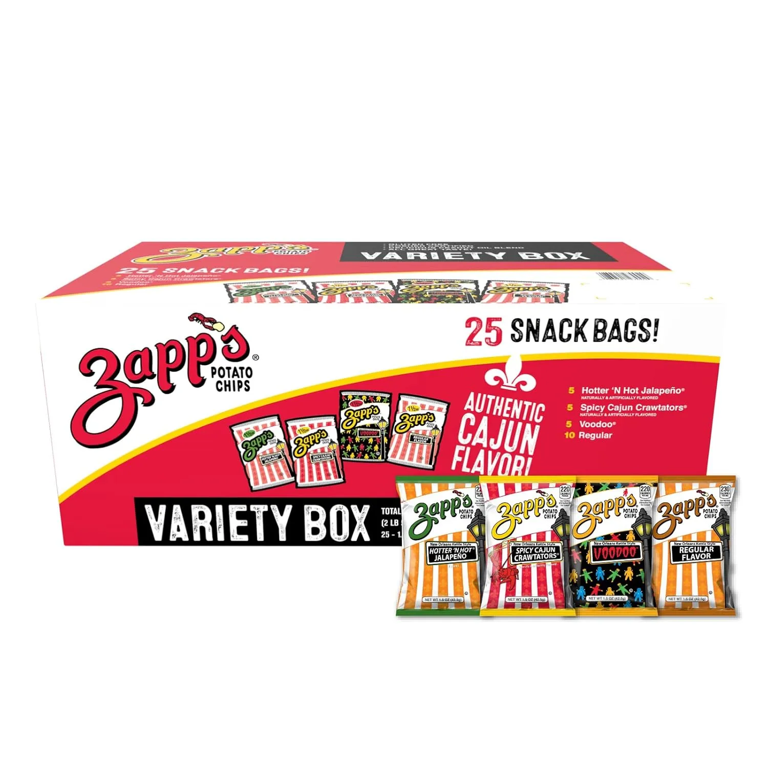 Zapp’s New Orleans Kettle-Style Potato Chips Variety Pack (1.5 oz Bags, 25 Count) – Includes Voodoo, Hotter N' Hot Jalapeno, Spciy Cajun Crawtators, Regular Perfect On-The-Go, Gluten Free Snack