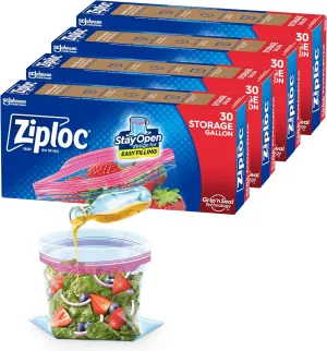 Ziploc Gallon Food Storage Bags, New Stay Open Design with Stand-Up Bottom, Easy to Fill, 30 Count (Pack of 4)