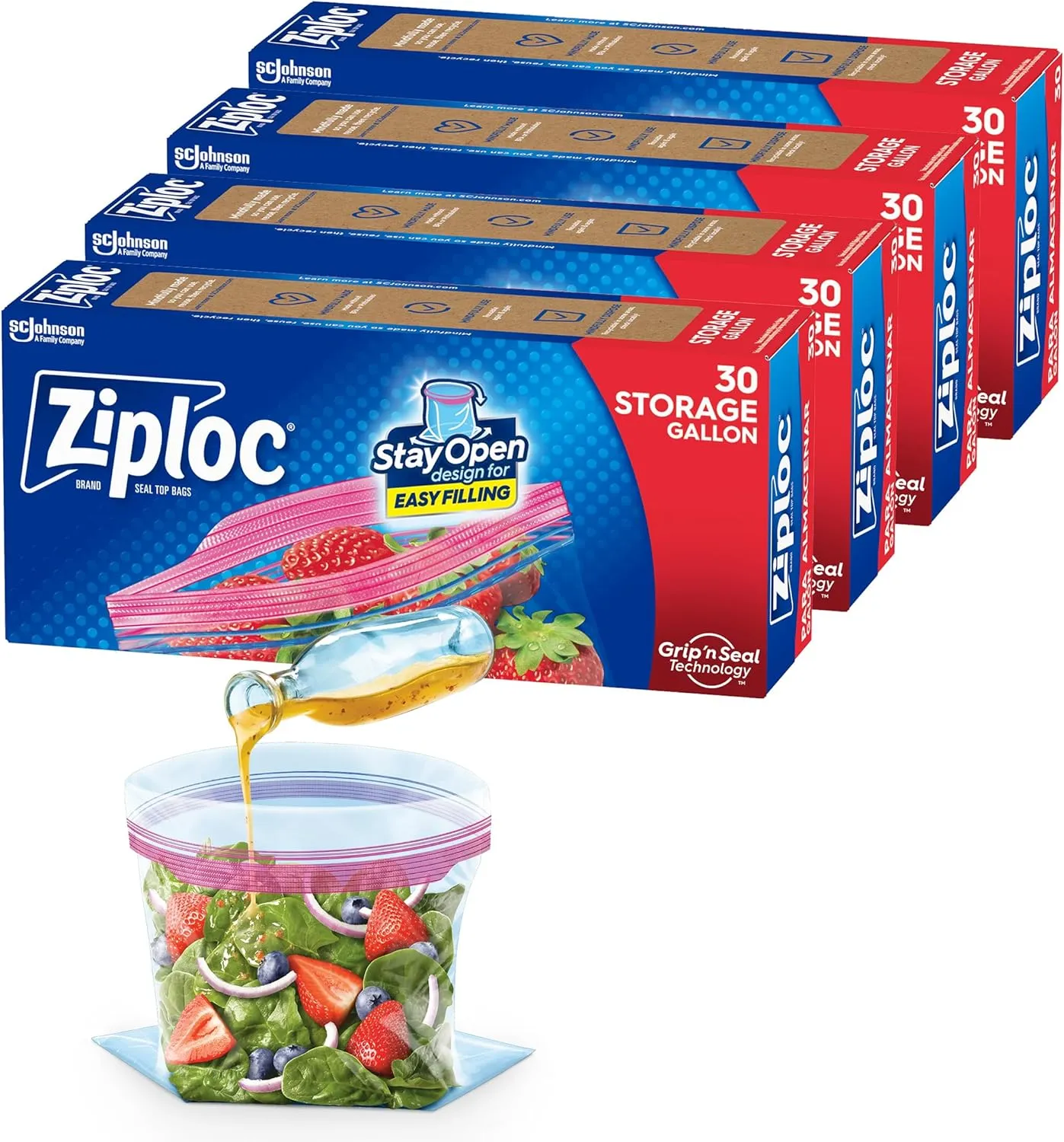 Ziploc Gallon Food Storage Bags, New Stay Open Design with Stand-Up Bottom, Easy to Fill, 30 Count (Pack of 4)