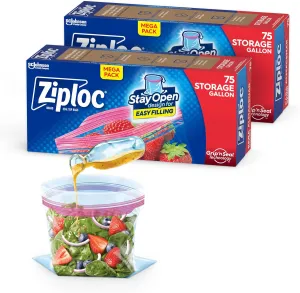 Ziploc Gallon Food Storage Bags, New Stay Open Design with Stand-Up Bottom, Easy to Fill, 75 Count (Pack of 2)
